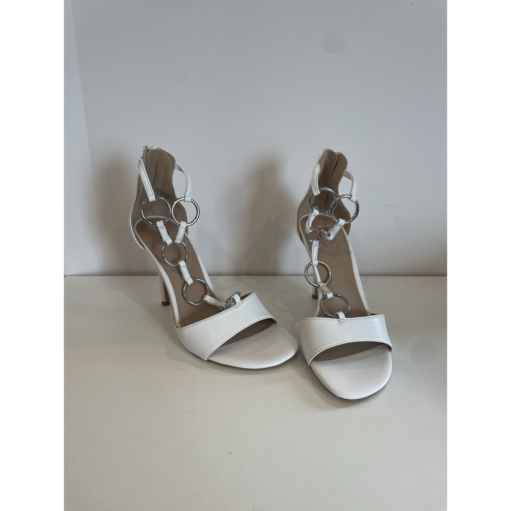 New York & Company White Disc Ring Heel Sandal Stiletto Ankle Strap Womens 7